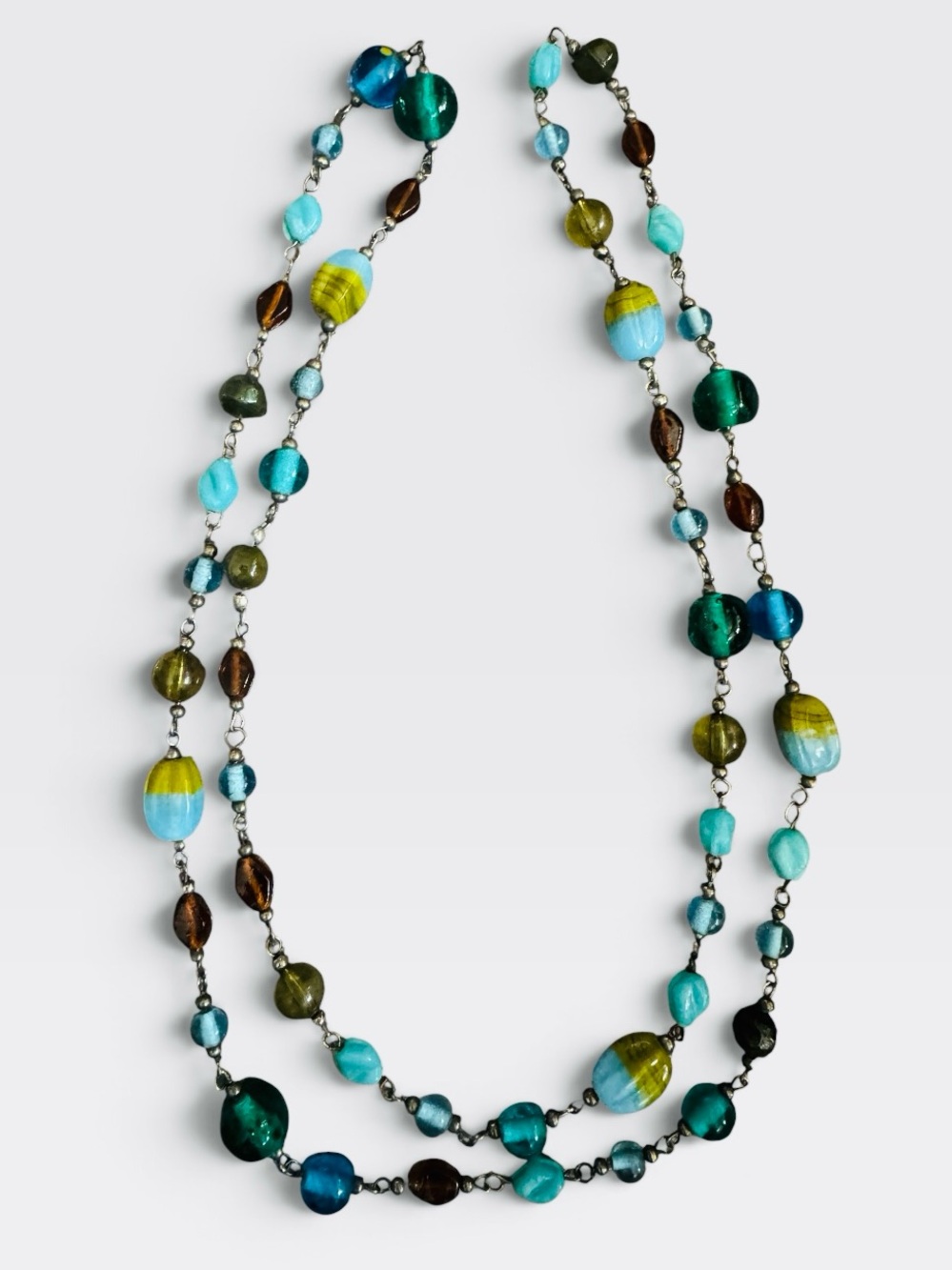 Long Multicolor Glass Beaded Necklace Aqua Teal Blue Amber Yellow 39”